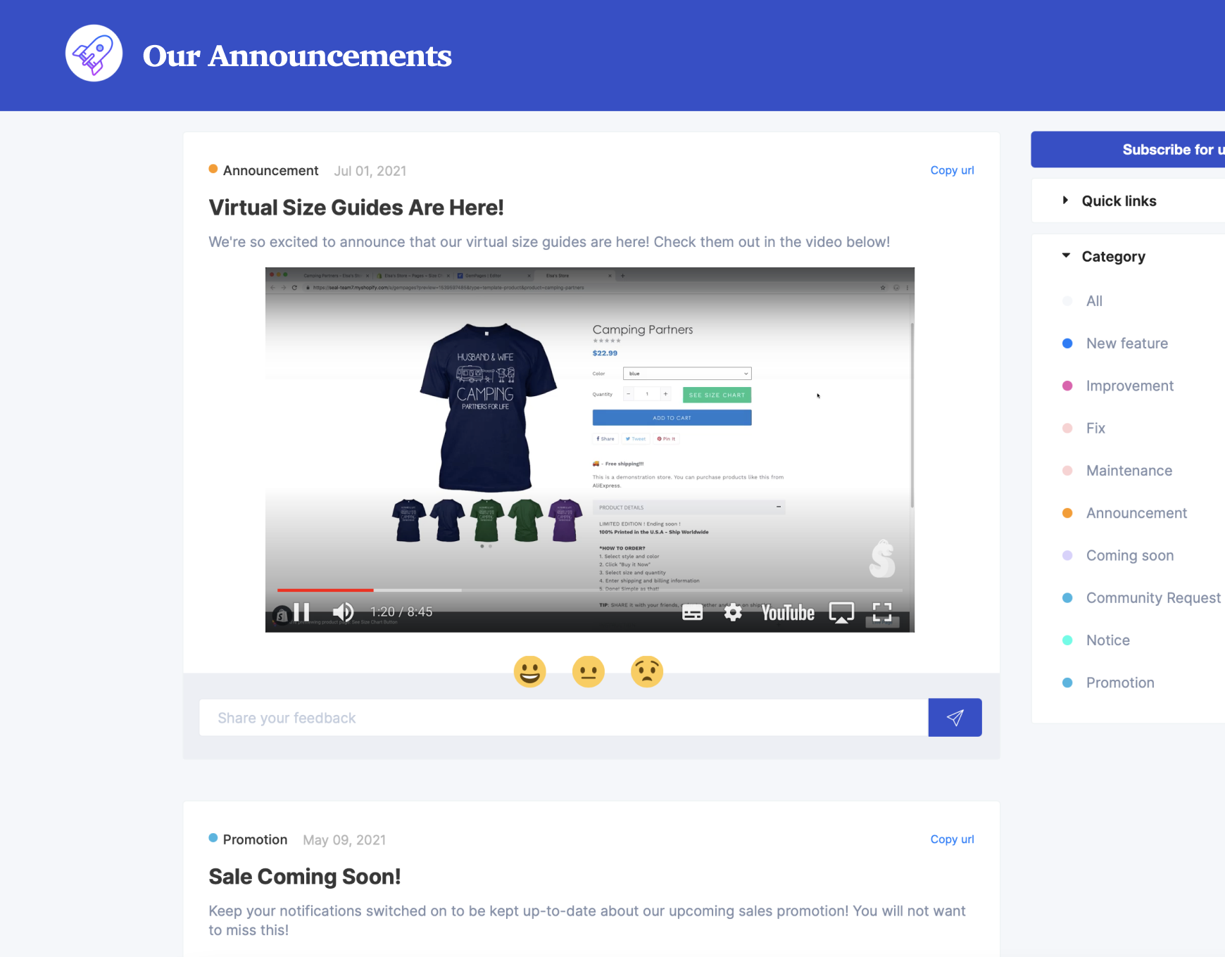 Publish product updates and announcements